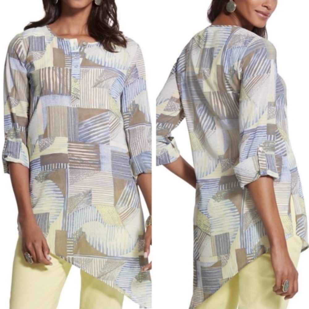 Chico’s Linear Lines Ali Top Sheer Abstract Patchwork Tunic Blouse Henley Neck